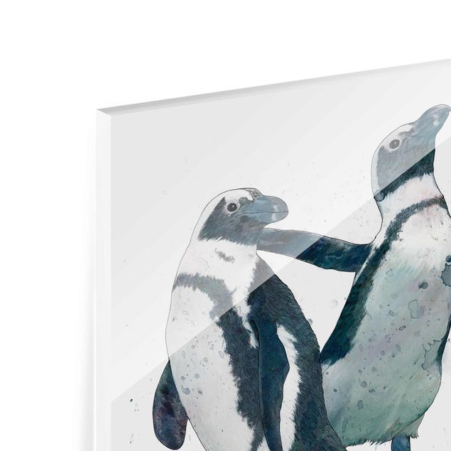 Glasschilderijen Illustration Penguins Black And White Watercolour