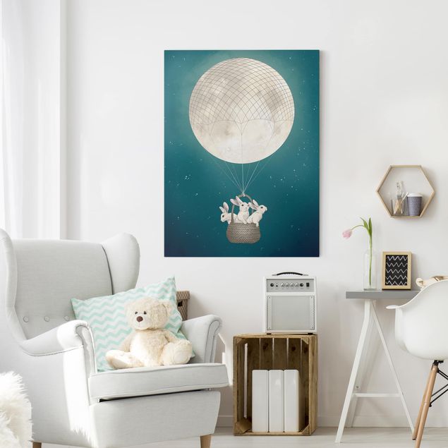 Canvas schilderijen Illustration Rabbits Moon As Hot-Air Balloon Starry Sky