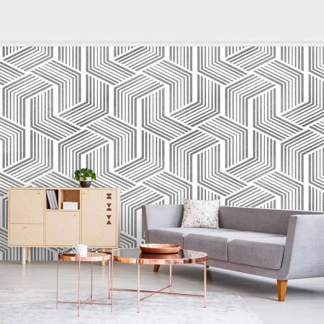 Patroonbehang 3D Pattern With Stripes In Silver