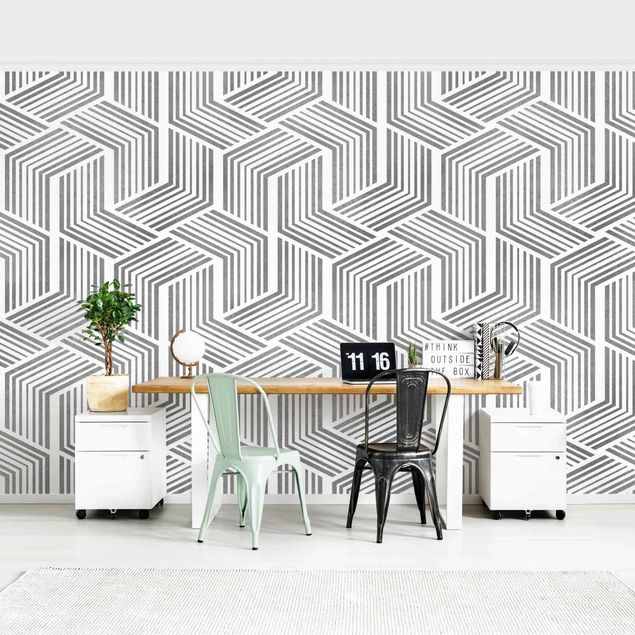 Patroonbehang 3D Pattern With Stripes In Silver