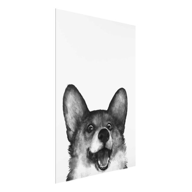 Glasschilderijen Illustration Dog Corgi Black And White Painting