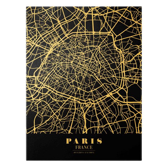 Canvas schilderijen - Goud Paris City Map - Classic Black