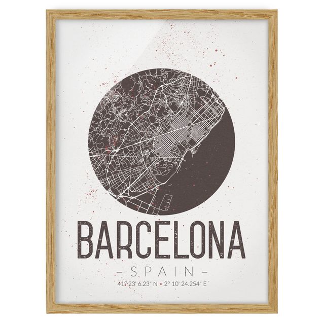 Ingelijste posters Barcelona City Map - Retro