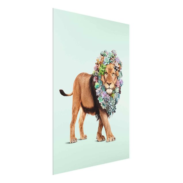 Glasschilderijen Lion With Succulents