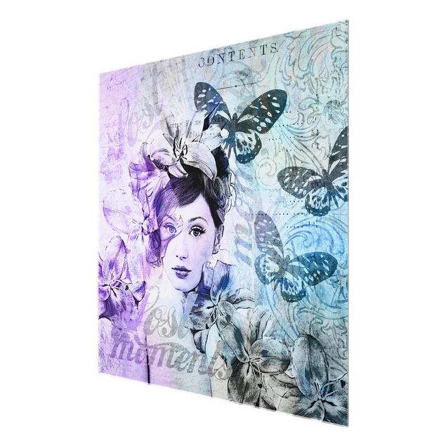 Glasschilderijen Shabby Chic Collage - Portrait With Butterflies
