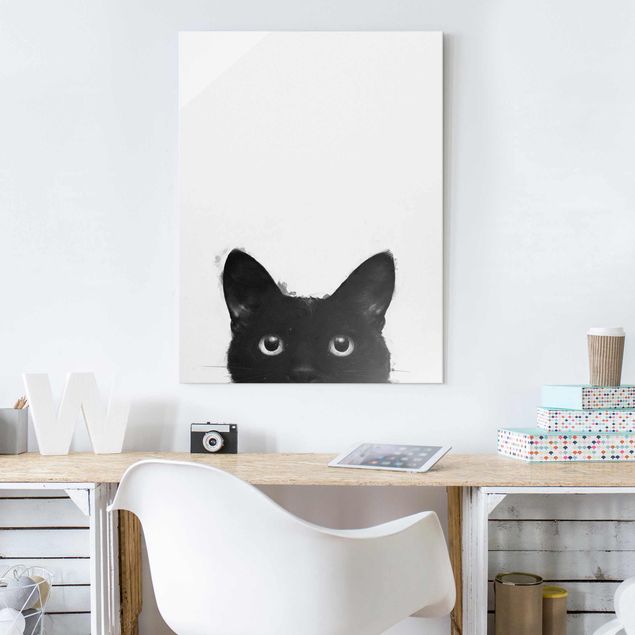 Magnettafel Glas Illustration Black Cat On White Painting