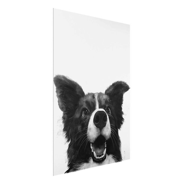 Glasschilderijen Illustration Dog Border Collie Black And White Painting