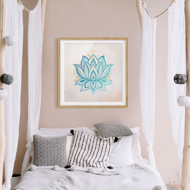 Ingelijste posters Lotus Illustration Mandala Gold Blue
