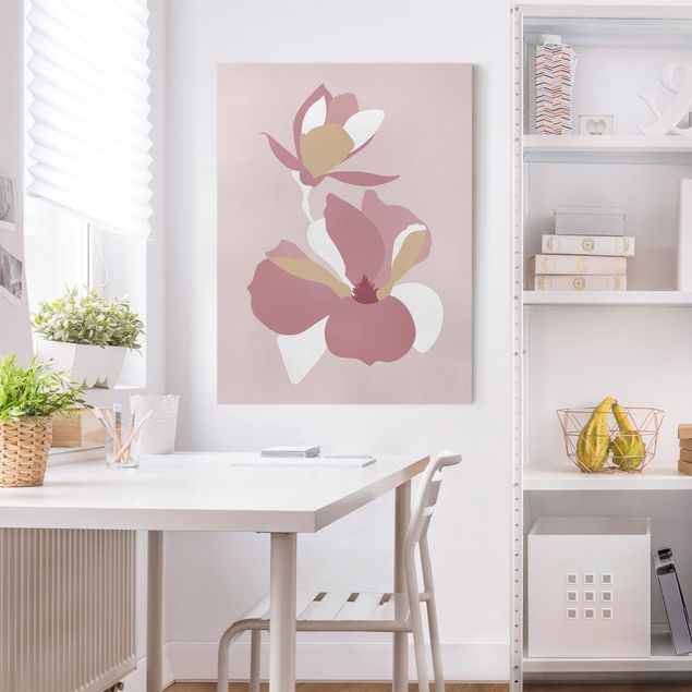 Canvas schilderijen Line Art Flowers Pastel Pink