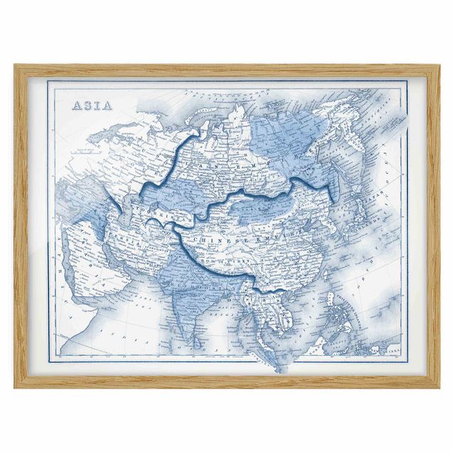 Ingelijste posters Map In Blue Tones - Asia