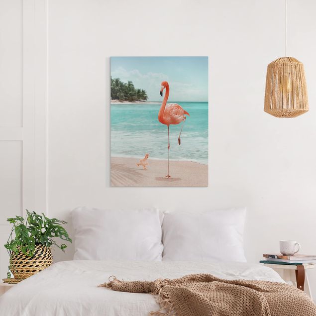 Canvas schilderijen Beach With Flamingo