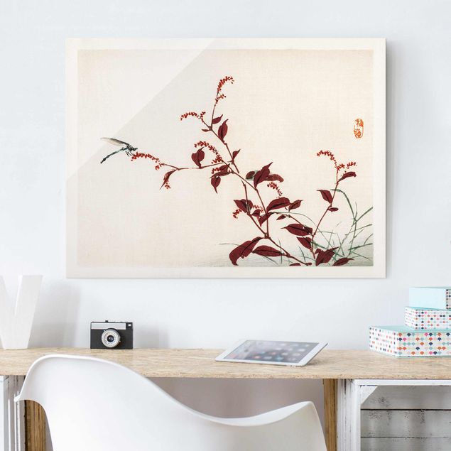 Glas Magnettafel Asian Vintage Drawing Red Branch With Dragonfly