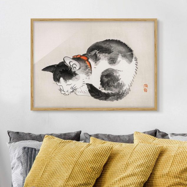 Ingelijste posters Asian Vintage Drawing Sleeping Cat
