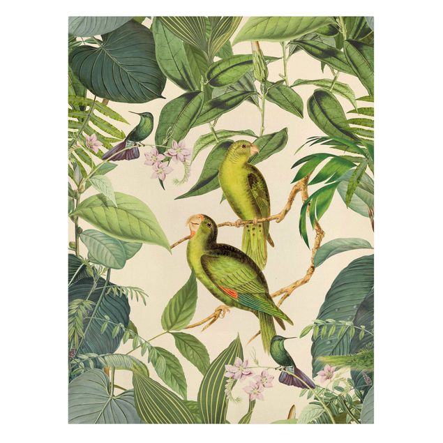 Canvas schilderijen Vintage Collage - Parrots In The Jungle