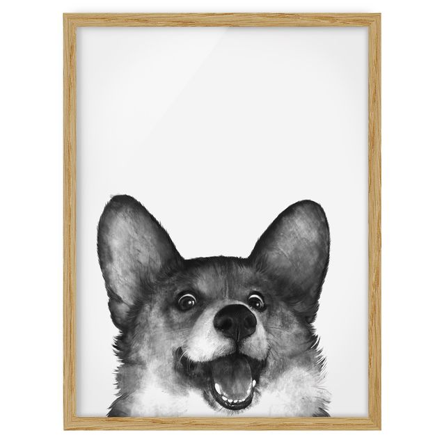 Ingelijste posters Illustration Dog Corgi Black And White Painting