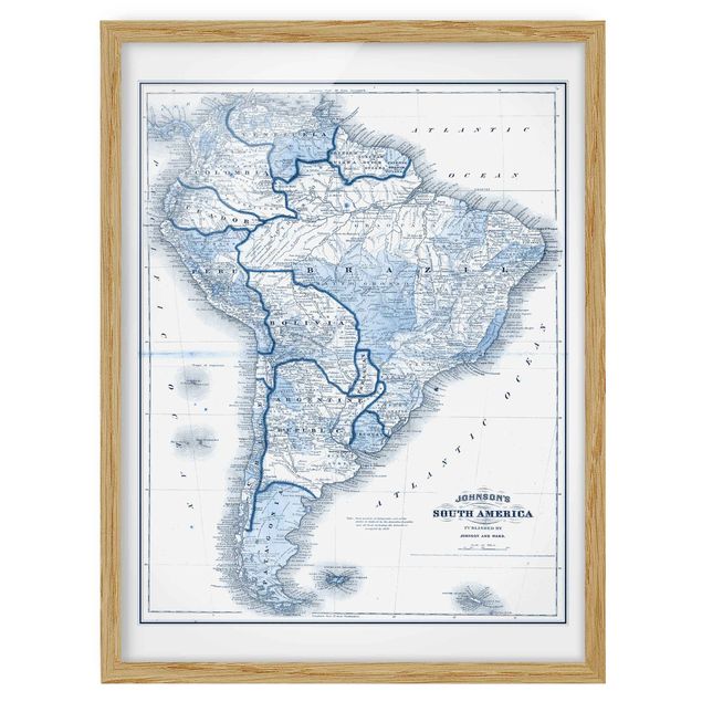 Ingelijste posters Map In Blue Tones - South America