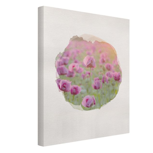 Canvas schilderijen WaterColours - Violet Poppy Flowers Meadow In Spring