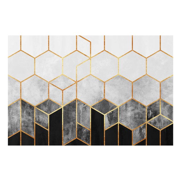 Glasschilderijen Golden Hexagons Black And White