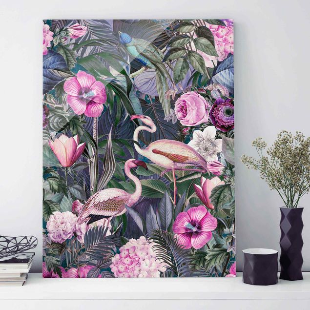 Magnettafel Glas Colourful Collage - Pink Flamingos In The Jungle
