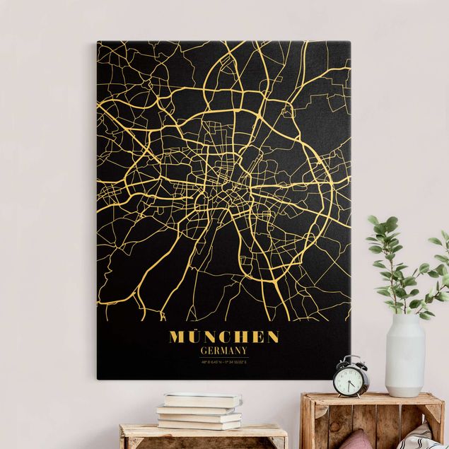 Canvas schilderijen - Goud Munich City Map - Classic Black
