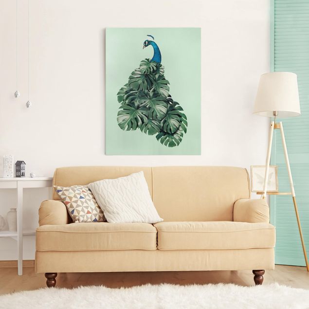 Canvas schilderijen Peacock With Monstera Leaves