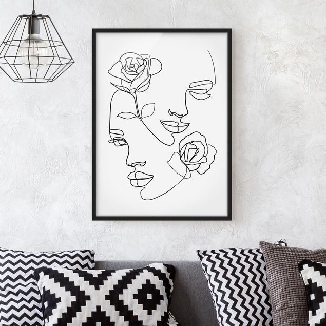 Ingelijste posters Line Art Faces Women Roses Black And White