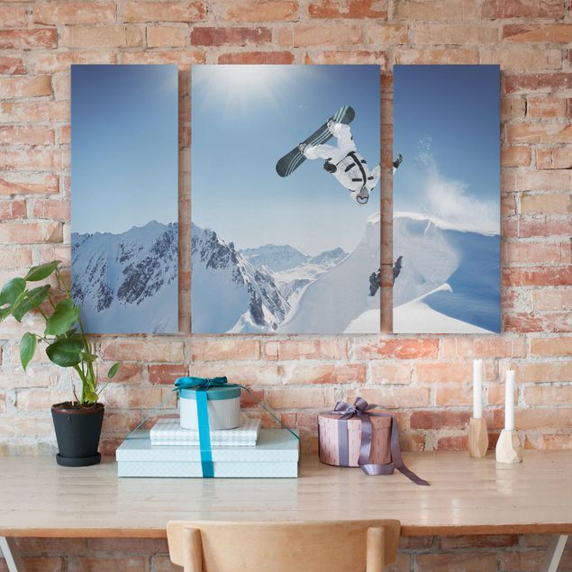 Canvas schilderijen - 3-delig Flying Snowboarder