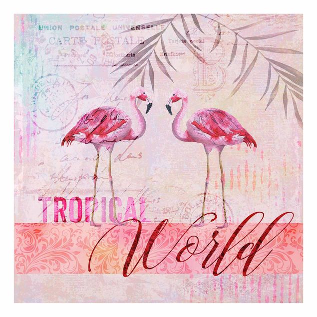 Glasschilderijen Vintage Collage - Tropical World Flamingos