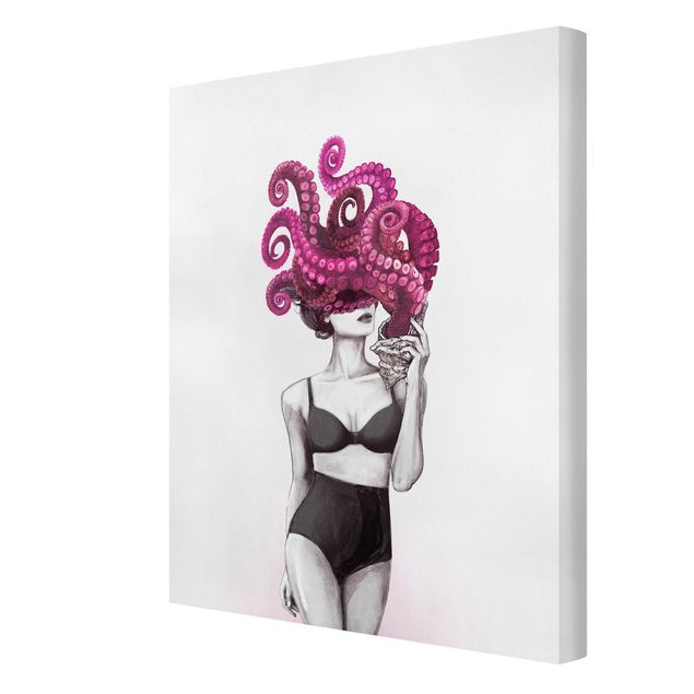Canvas schilderijen Illustration Woman In Underwear Black And White Octopus