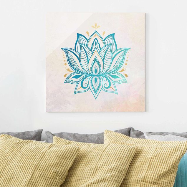 Magnettafel Glas Lotus Illustration Mandala Gold Blue
