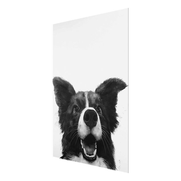 Glasschilderijen Illustration Dog Border Collie Black And White Painting