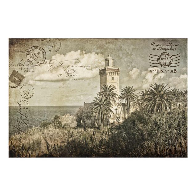 Glasschilderijen Vintage Postcard With Lighthouse And Palm Trees