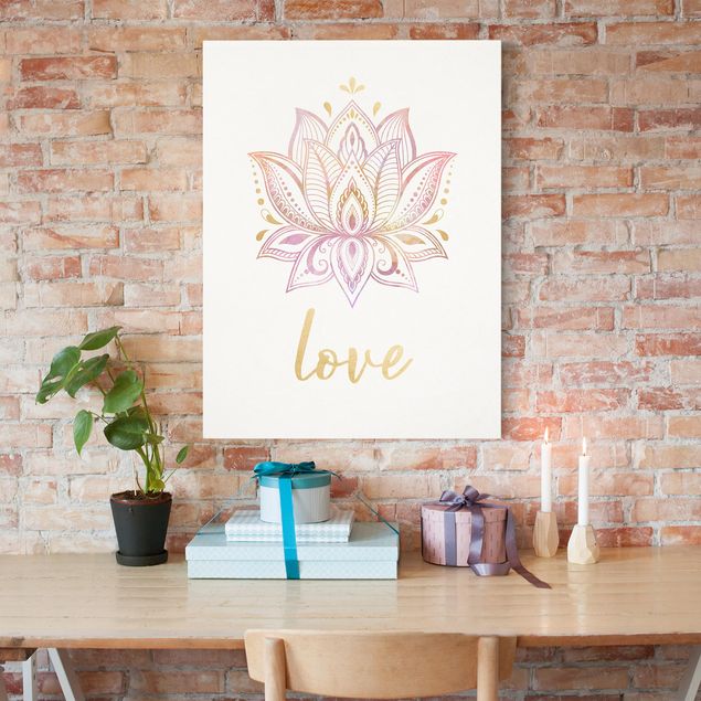 Canvas schilderijen Lotus Illustration Love Gold Light Pink