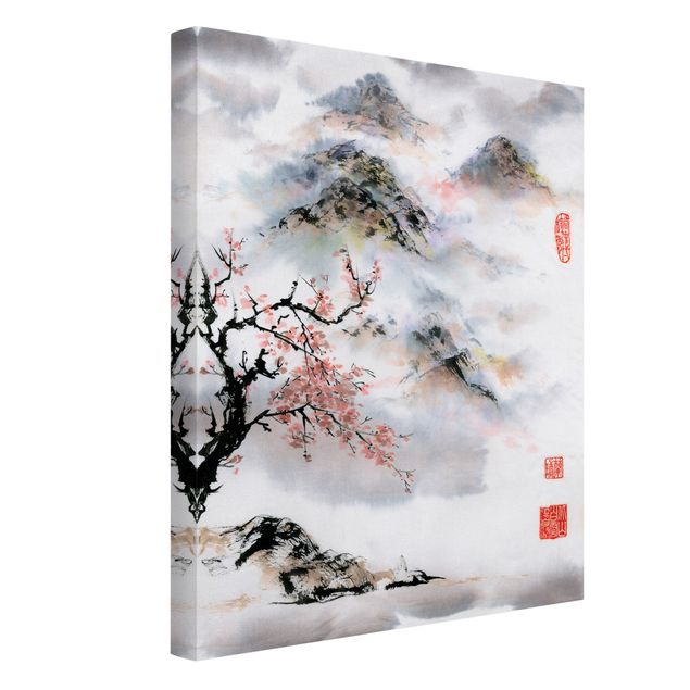 Canvas schilderijen Japanese Watercolour Drawing Cherry Tree And Mountains