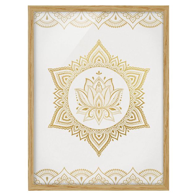Ingelijste posters Mandala Lotus Illustration Ornament White Gold