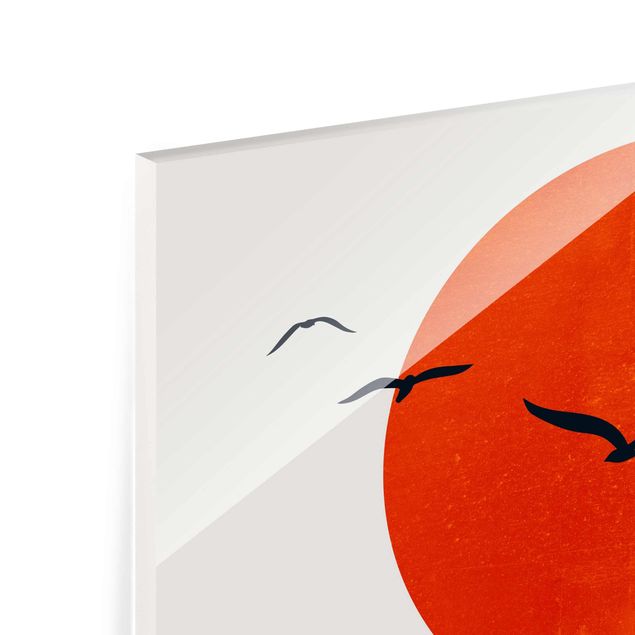 Glasschilderijen Flock Of Birds In Front Of Red Sun I