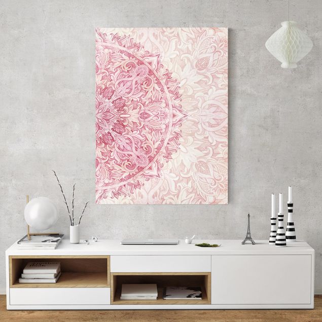 Canvas schilderijen Mandala WaterColours Ornament Semicircle Light Pink Beige