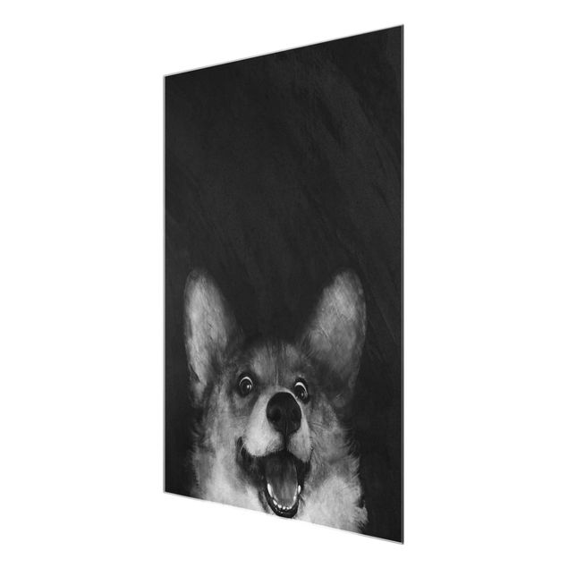 Glasschilderijen Illustration Dog Corgi Paintig Black And White