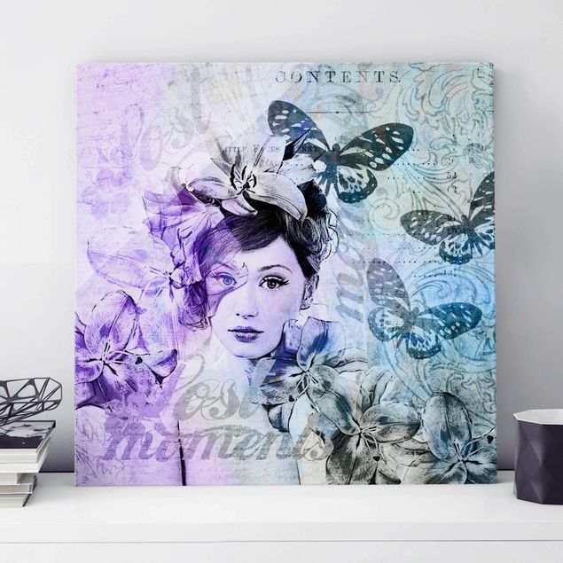 Glas Magnetboard Shabby Chic Collage - Portrait With Butterflies