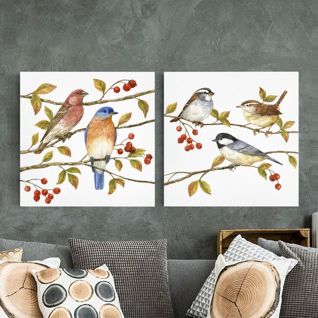 Canvas schilderijen - 2-delig  Birds And Berries Set I