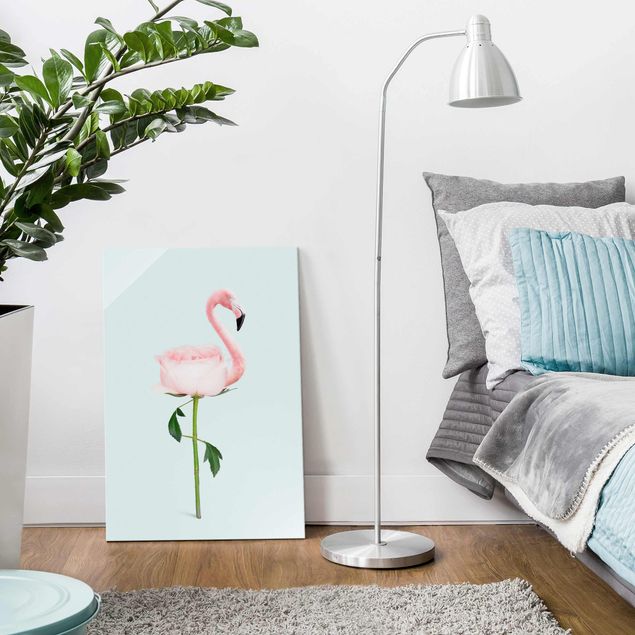Glasschilderijen Flamingo With Rose