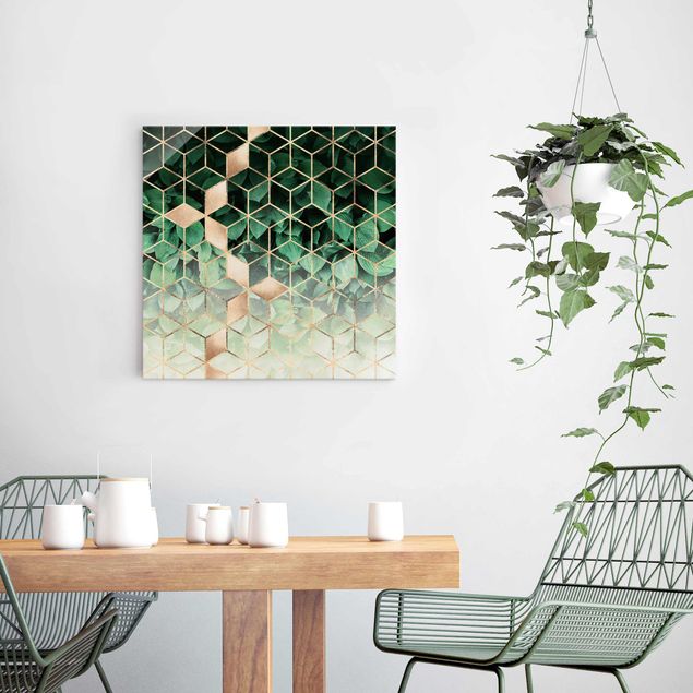 Glas Magnettafel Green Leaves Golden Geometry