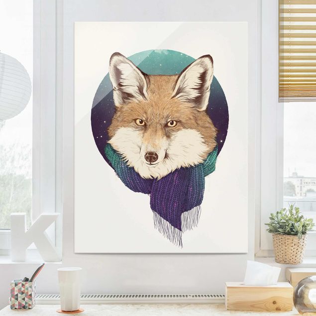 Glasschilderijen Illustration Fox Moon Purple Turquoise