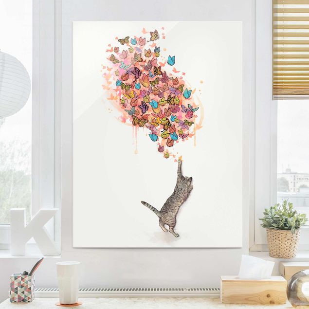 Glasschilderijen Illustration Cat With Colourful Butterflies Painting