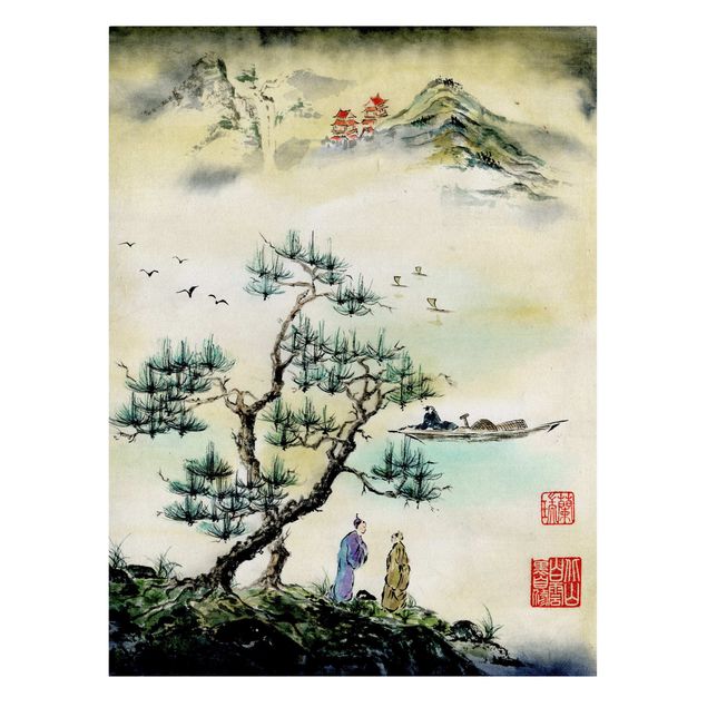 Canvas schilderijen Japanese Watercolour Drawing Pine And Mountain Village