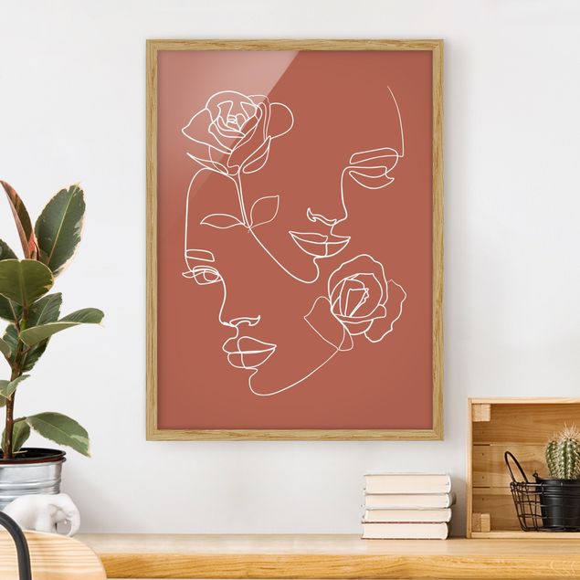 Ingelijste posters Line Art Faces Women Roses Copper