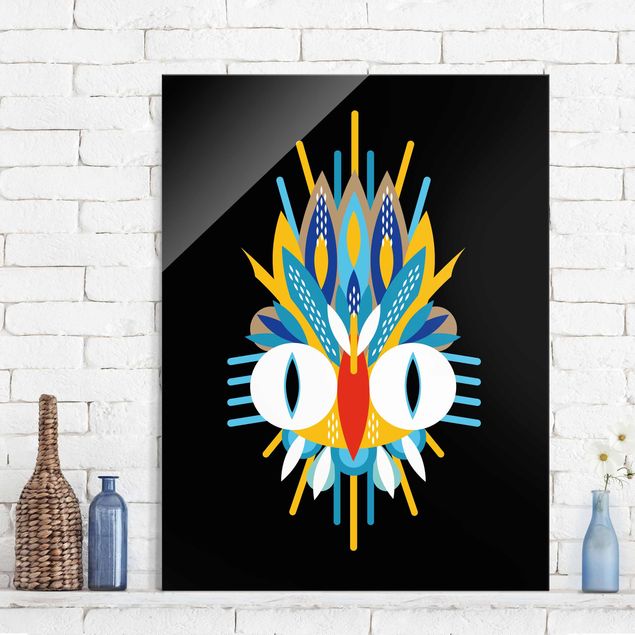 Glas Magnettafel Collage Ethno Mask - Bird Feathers
