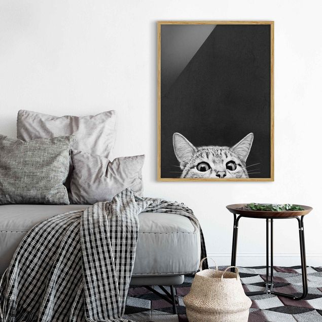 Ingelijste posters Illustration Cat Black And White Drawing
