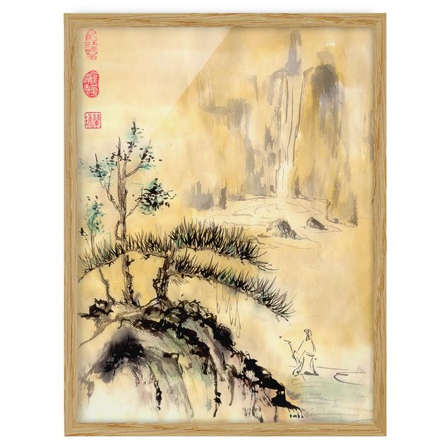 Ingelijste posters Japanese Watercolour Drawing Cedars And Mountains