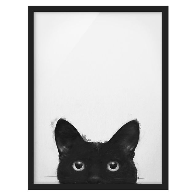Ingelijste posters Illustration Black Cat On White Painting